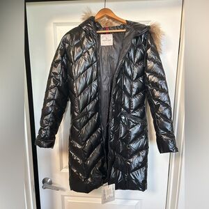 Faux Fur-Trimmed Hooded Long Down Jacket